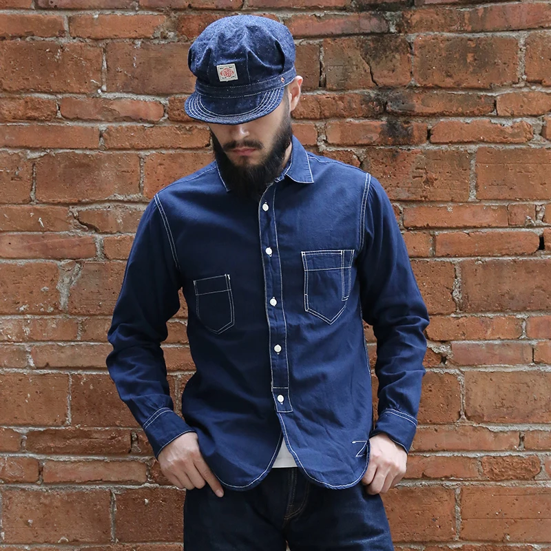 Мужская рубашка из Chambray Selvage Bronson голубая легкая Рабочая Рубашка для