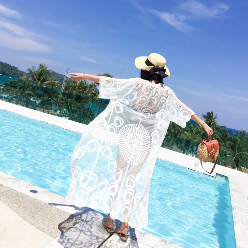 Женское шифоновое кимоно Boho белое длинное пляжное с принтом на шнуровке лето 2020| |