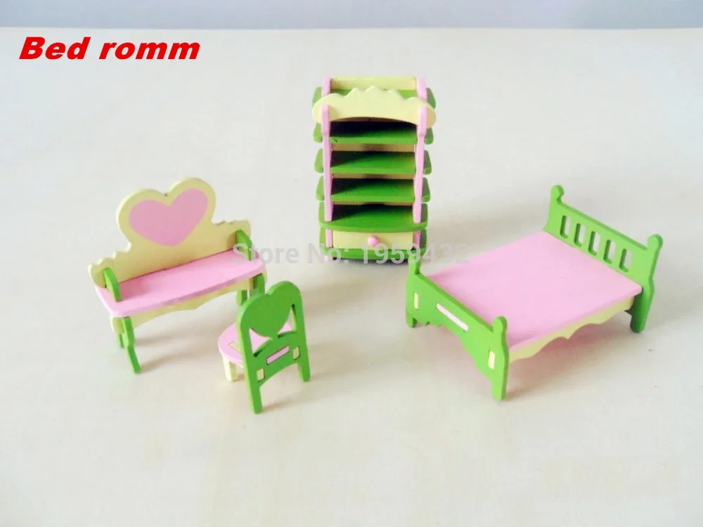 Bed romm Деревянная розовая кукольная мебель для дома, Детские ролевые игры, игрушки для девочек, миниатюрные комнаты, подарки для детей, кукольный домик, миниатюрные куклы - Цвет: Bed romm