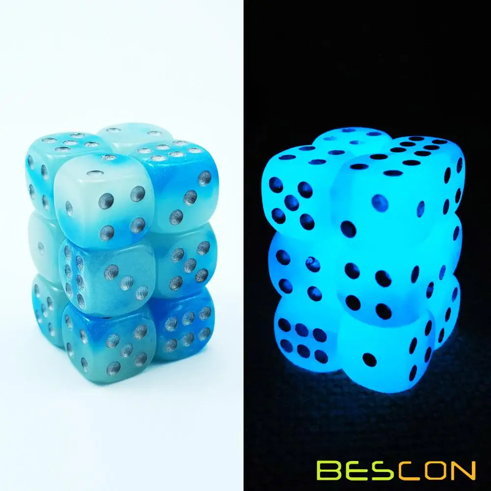 Bescon двухцветные Светящиеся Кости D6 16 мм 12 шт набор ледяных камней, 16 мм шестигранники(12) блок Светящиеся Кости