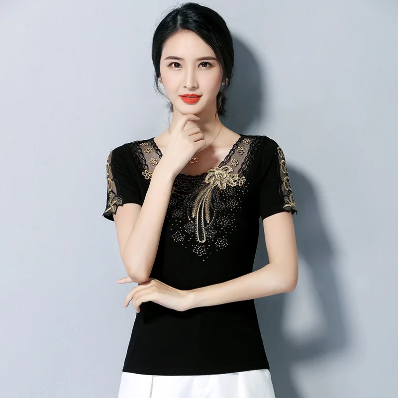 

New Arrivals 2020 Summer short sleeve mesh tops Elegant Slim hollow out Diamond blouse shirt plus size women tops and blusas