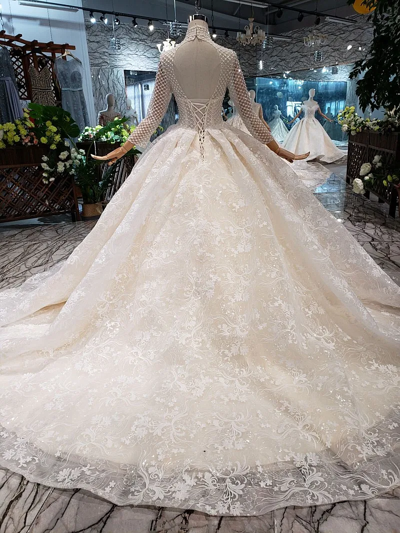Женское свадебное платье со шлейфом SSYFashion роскошное цвета шампанского с длинным