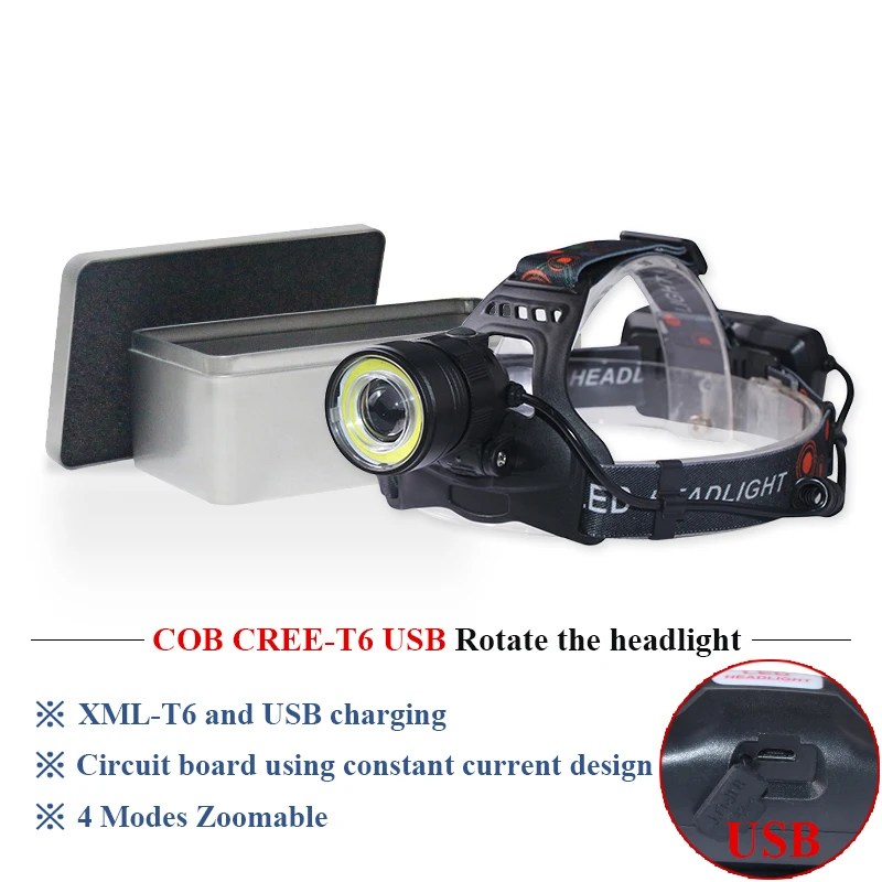 Lampa czolowa USB фара с зумом дальнего и ближнего света двойным источником COB CREE XML T6