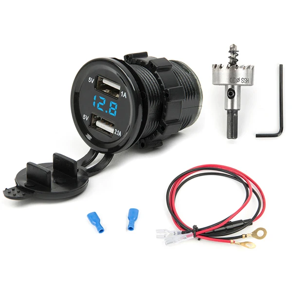 Blue Cable Hole Saw 12 V-24 V Dual USB Автомобильное зарядное устройство прикуриватель для мотоциклов автомобильного прикуривателя Зарядное устройство гнездо Зарядное устройство+ светодиодный цифровой вольтметр метр монитор - Название цвета: Blue Cable Hole Saw