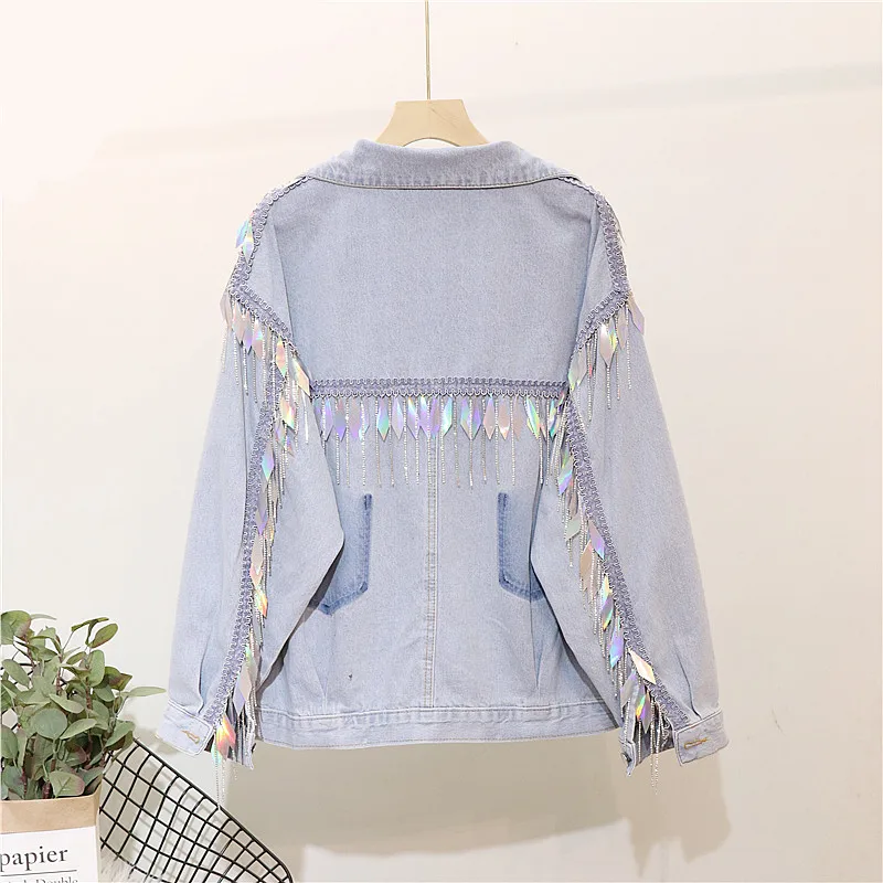 

2020 Casual Rushed Jacket Sale Bomber Jaquetas Feminino Casaco Jeans Women Back Heavy Work Sequins Fringed Rhinestone Female