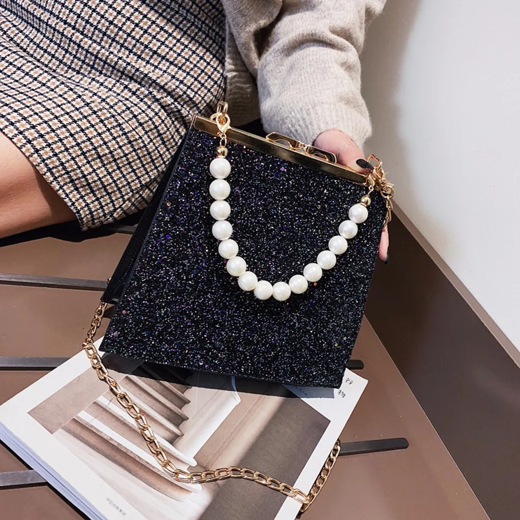 Женские сумки Bolsos Mujer, Женская жемчужная сумка через плечо, блестящая цепочка, кожаные красочные сумки-мессенджеры, сумка на плечо, сумка-тоут с жемчугом, сумка-мессенджер