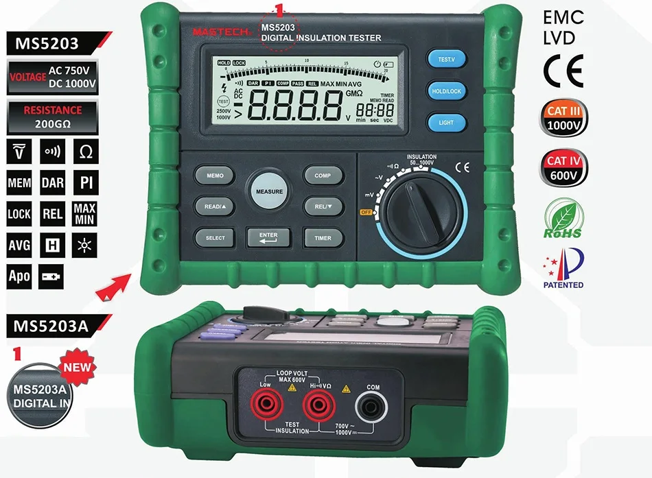 MASTECH MS5203 Высокая точность мегомметр цифровой измеритель сопротивления изоляции