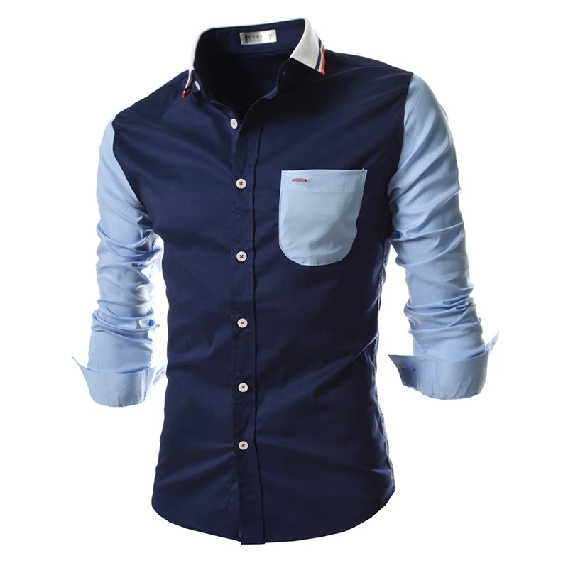 Fashion England style pocket sleeve patchwork design yong men's shirts M-2XL man slim fit full Cool boy clothing wholesale | Мужская