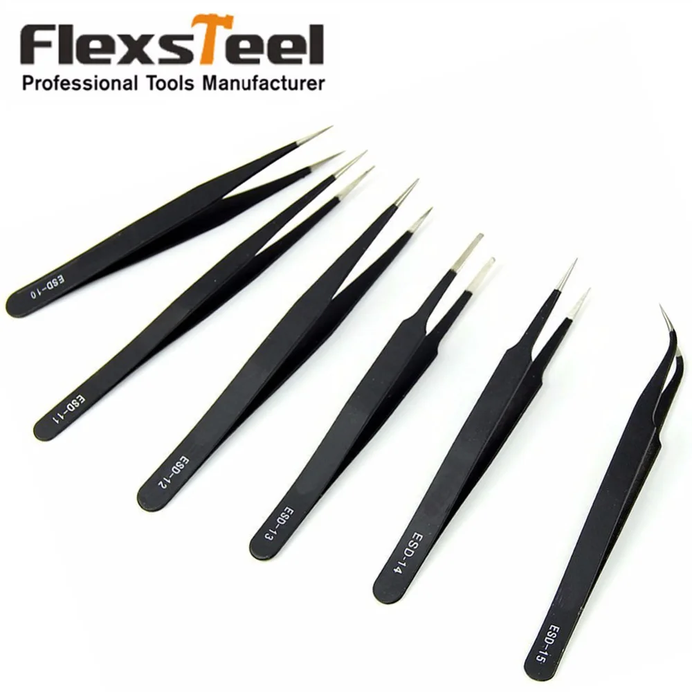 Flexsteel 6 шт./компл. Пинцет ESD немагнитные пинцеты антистатические тонкий Изогнутый наконечник черный коробка с инструментами, инструменты для обслуживания серого цвета для ювелирных изделий