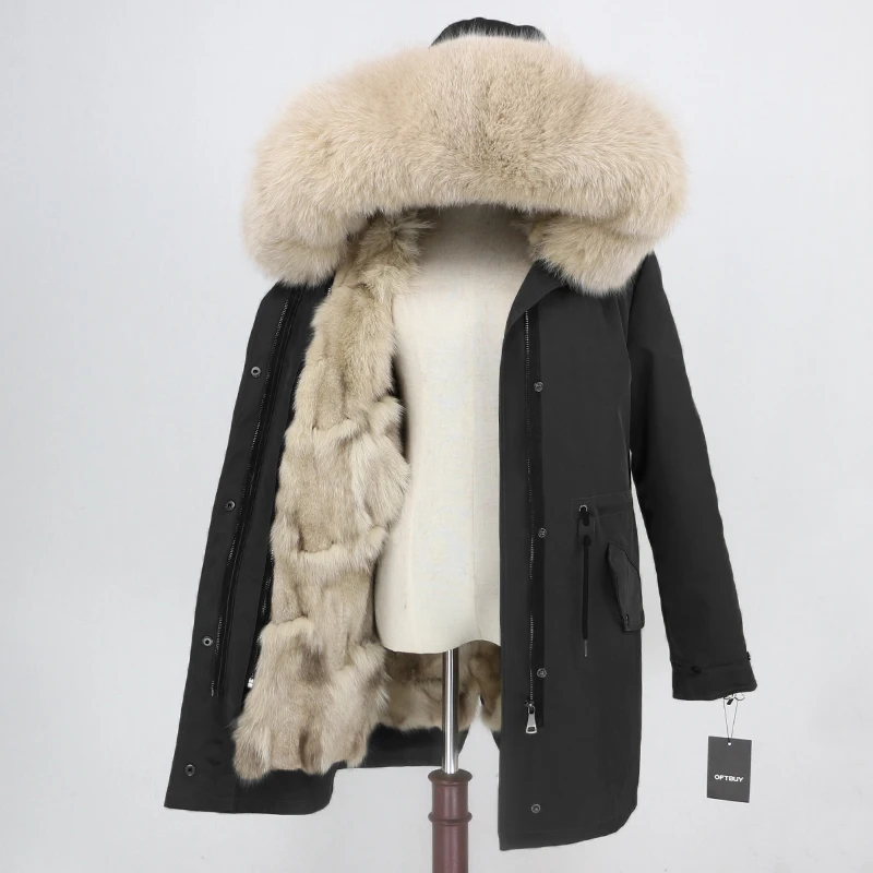 black beige OFTBUY, водонепроницаемая парка, натуральный Лисий мех, натуральный мех, пальто, зимняя куртка для женщин, толстая, теплая, съемная, уличная, роскошная, длинная верхняя одежда - Цвет: black beige