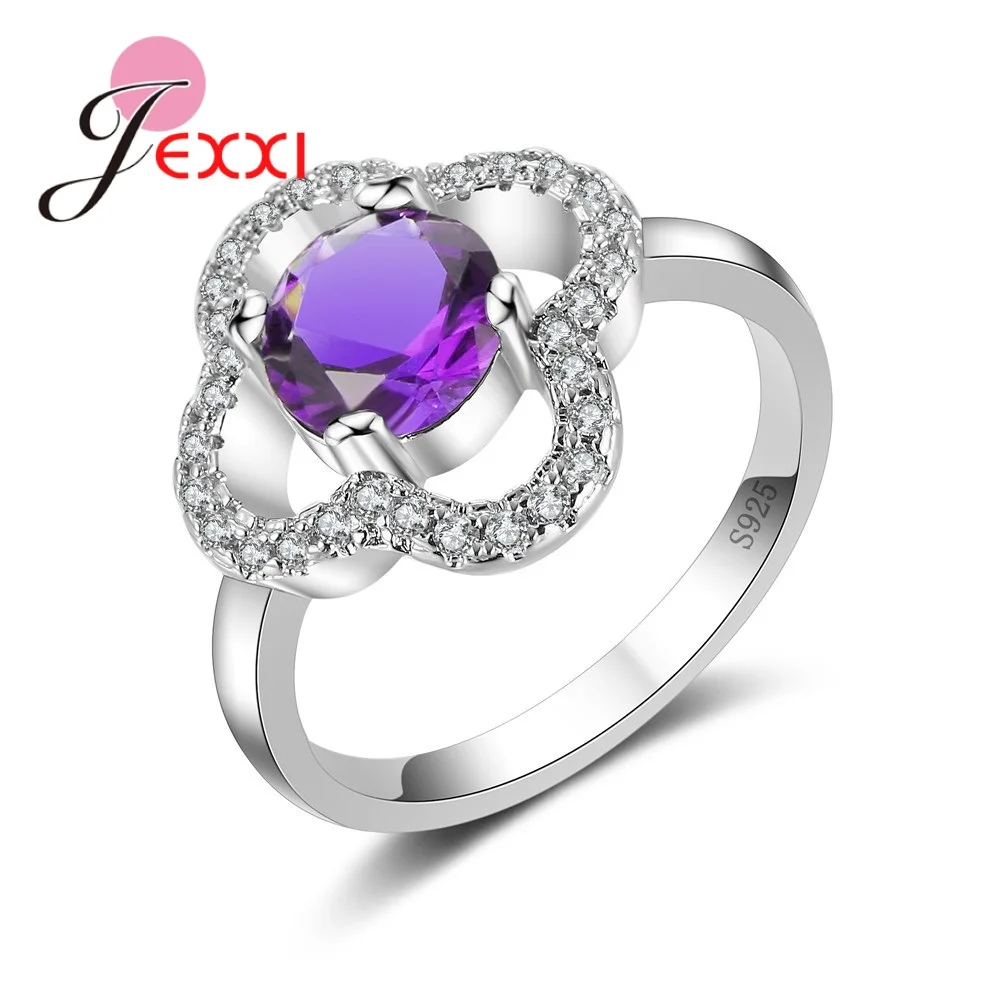 

Высокое качество в форме цветка фиолетовый фианит CZ Кристалл 925 стерлингового серебра палец кольца для женщин девушки обручальное кольцо