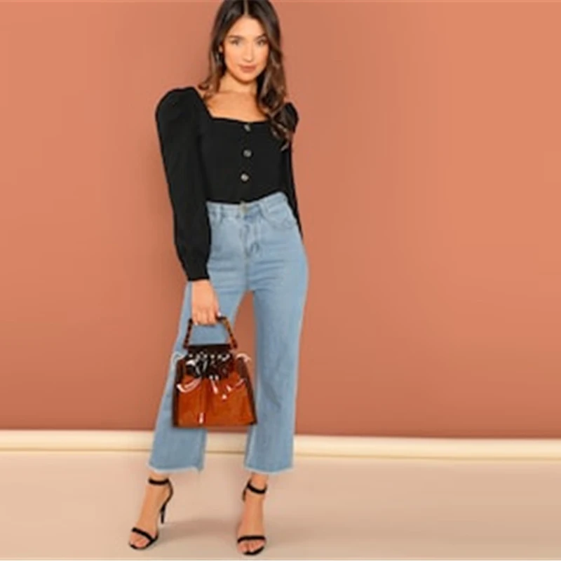 SHEIN Блузка На Пуговицах С Квадратным Вырезом И Оригинальным Рукавом Женский Осенний Черный Элегантный Топ С Длинными Рукавами