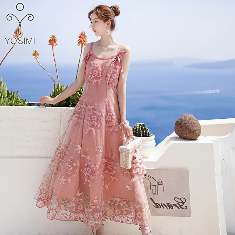2019 Summer Sleeveless Dresses Maxi Vintage Floral Embroidery Long Women Dress Evening Party Strapless Femele Vestido Spaghetti | Женская