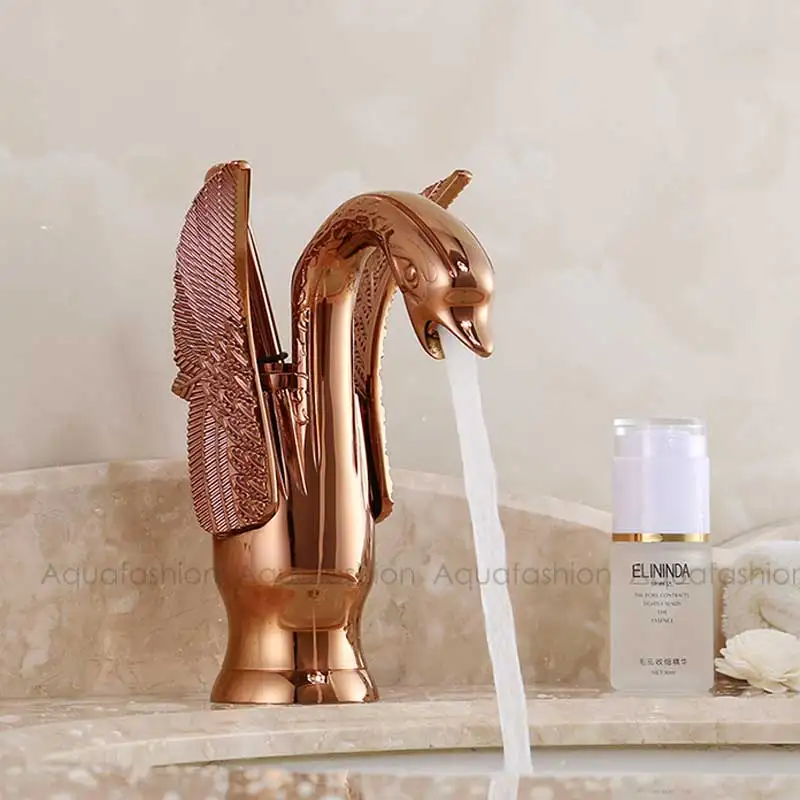 Rose gold A Винтажный стиль ЛЕБЕДЬ кран позолоченный умывальник кран роскошный медный Золотой смеситель краны горячей и холодной воды - Цвет: Rose gold A