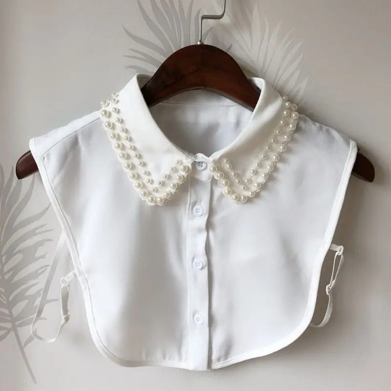 Women New Fashion Pearl Chiffon Collar Shirt Fake Tie Vintage Detachable False Lapel Blouse Top Cloth |