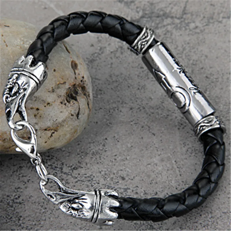 Модный мужской браслет из черной кожи с оплеткой тибетского серебра манжета на