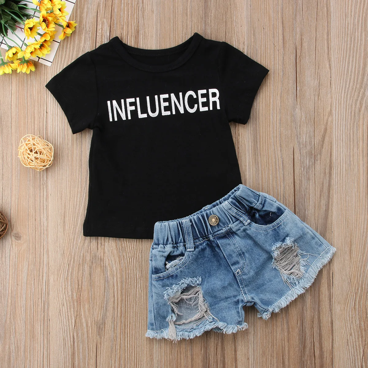 2Pcs Toddler Kids Baby Girls 2018 Casual Short Sleeves Black Influencer T-shirt Tops+Denim Hollow Pants Jeans Summer Set | Детская