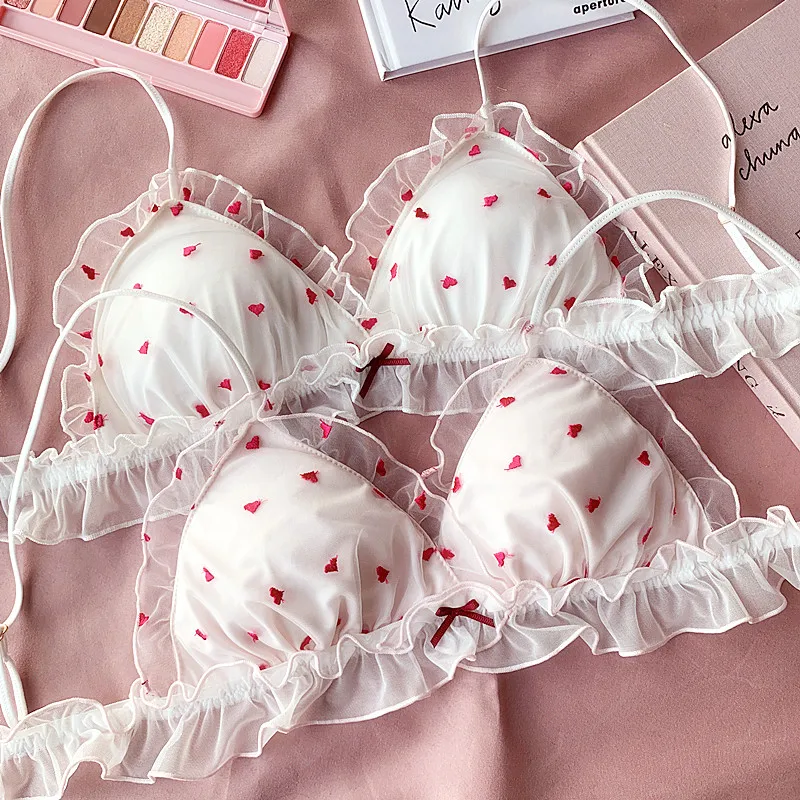 new young girls small wire free sleep underwear lace love embroidery thin cup with pad Japanese lingerie bra and panty set