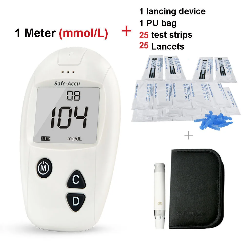 mmol L meter kit 25 Sinocare Safe-Accu CE Blood Glucose Meter Glucometer Kit Diabetes 25/50 Separated Test Strips Lancets Medical Blood Sugar Meter - Цвет: mmol L meter kit 25
