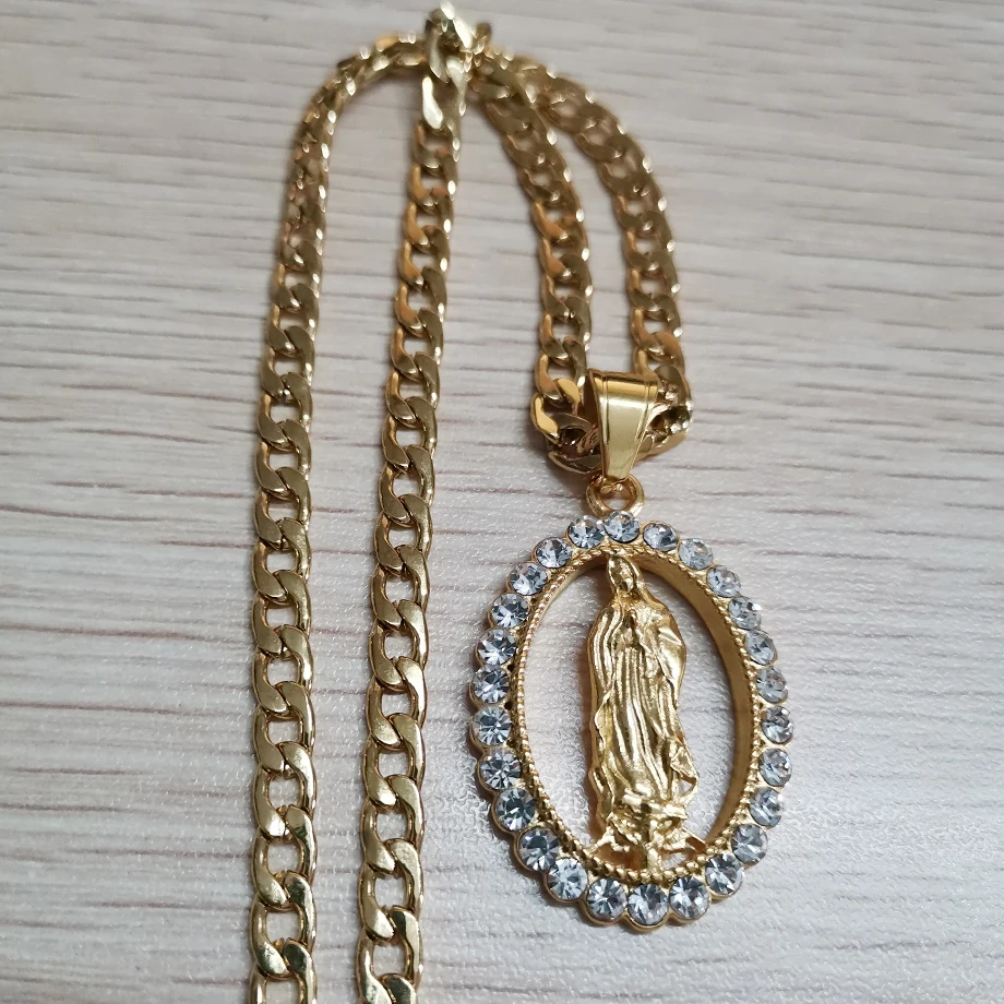 Золотые ожерелья и подвески в стиле хип-хоп Iced Out Big Virgin Mary, цепочка из нержавеющей стали для женщин, христианские ювелирные изделия, Мадонна XL1145