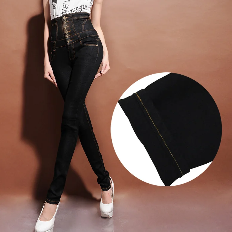 Black Unlined Для женщин без подкладки или теплый флис очень высокая талия джинсы плюс большие размеры босоножки кнопки узкие эластичные джинсовые узкие брюки - Цвет: Black Unlined