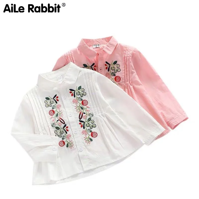 Детская хлопковая рубашка AiLe Rabbit Повседневная с цветочной вышивкой в Корейском