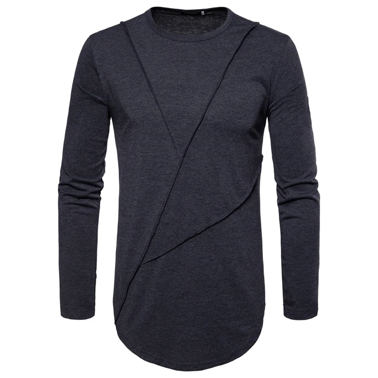 2019 New Men's T-shirt Summer Round Neck Casual Long-sleeved Stitching Bottoming Shirt Solid Color Long- | Мужская одежда