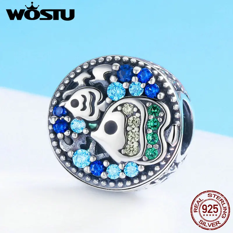 WOSTU 100% стерлингового серебра 925 пробы подводный мир хрустальные рыбные бусы Шарм