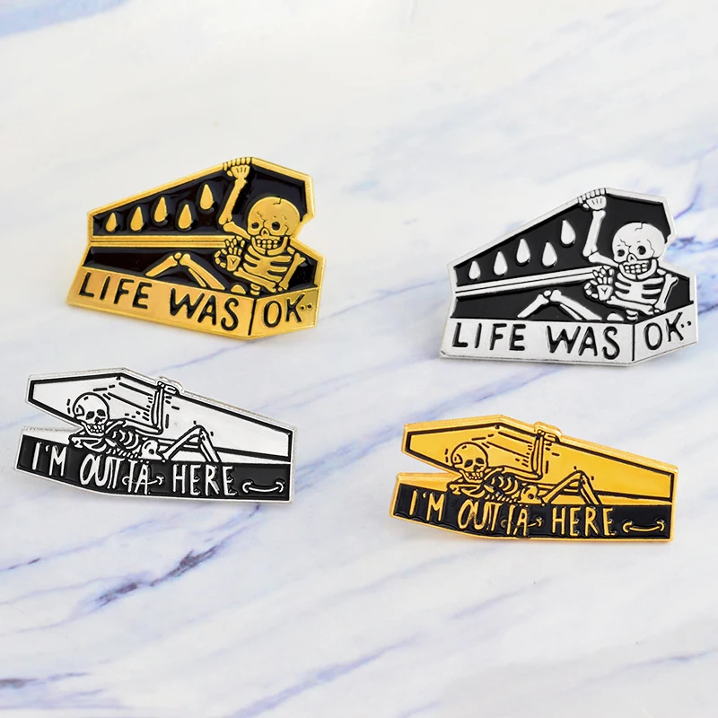 Креативный Скелет Череп гроб I'm Here Life Was Punk дизайн эмалированная брошь Милые