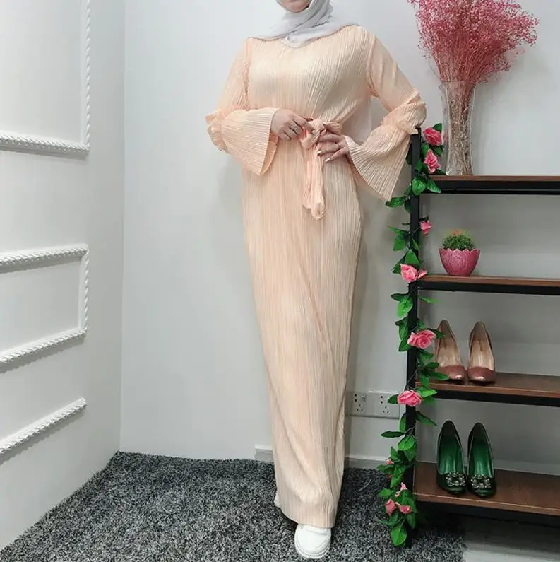 Beige pink dress Плиссированные шифоновая абайя мусульманское платье хиджаб Восточный халат из марокена восточный женский халат для Для женщин Рамадан сайт Tesettur Elbise исламский халат Костюмы - Цвет: Beige pink dress