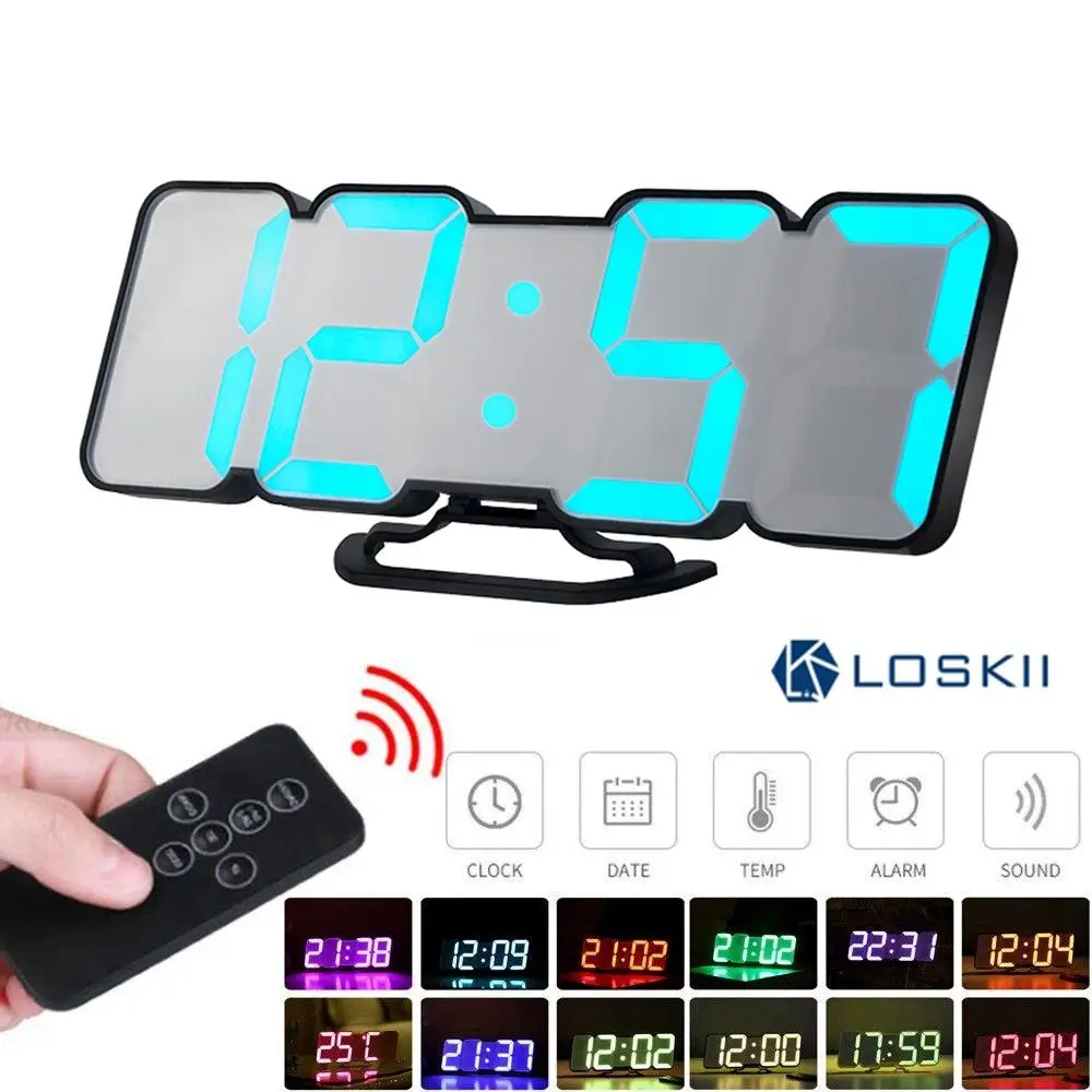 Black Loskii 3D светодиодный цифровой будильник Многофункциональный голосовой и интеллектуальный ИК-пульт дистанционного управления настольные настенные часы 15 цветов ночной Светильник - Цвет: Black