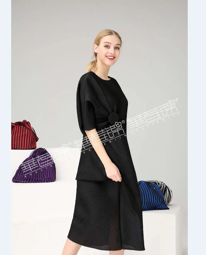 Miyake модное платье на запястье с коротким рукавом, с блестками, с круглым вырезом, со складками, на пуговицах, прямое платье