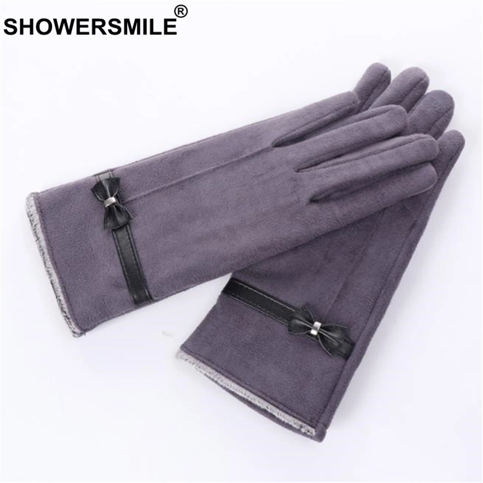 SHOWERSMILE серые женские перчатки с бантами женские перчатки для вождения замшевые теплые зимние элегантные бархатные женские перчатки для сенсорного экрана