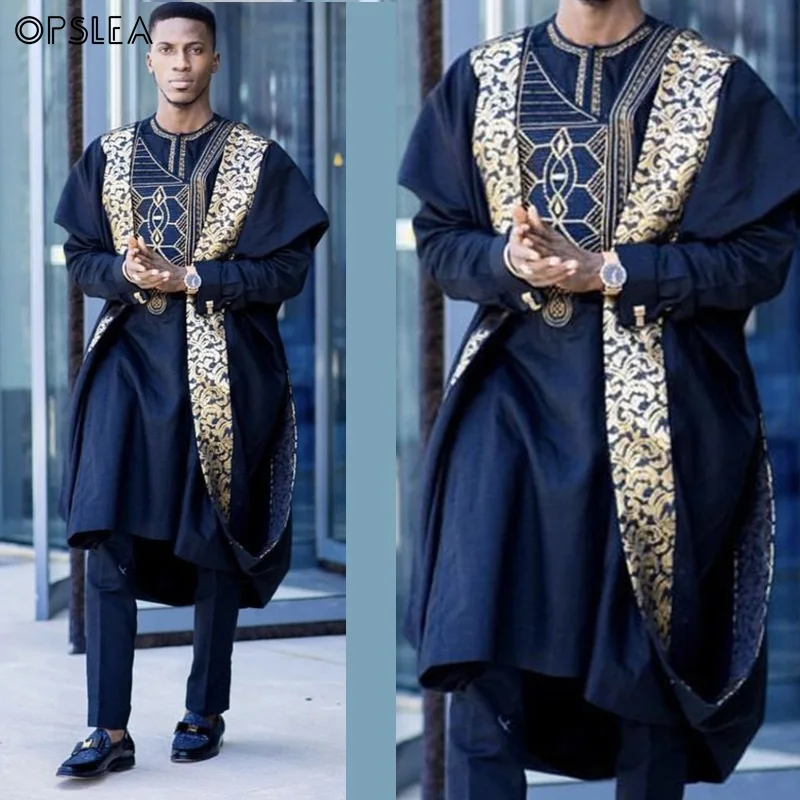 Opslea Agbada Африканский для мужчин печатных размера плюс рубашка Дашики Базен Riche костюмы Топы Брюки 3 шт. наборы Slim Fit формальный наряд Одежда