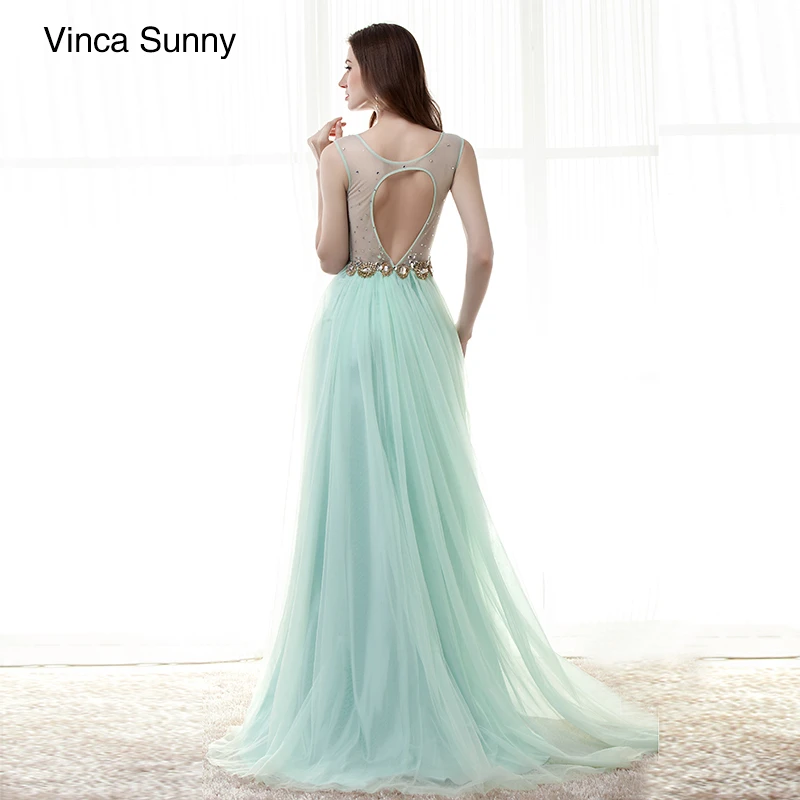 Beauty Scoop Neck Beading Open Back mint green tulle Long Prom Dresses 2018 Sleeveless A Line Floor Length Dress custom | Свадьбы и