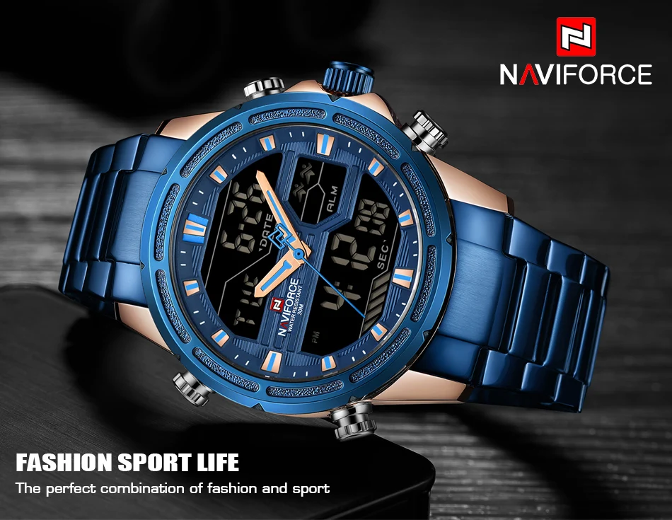 NAVIFORCE мужские спортивные часы мужские кварцевые светодиодный цифровые часы мужские роскошные брендовые полностью стальные военные наручные часы Relogio Masculino