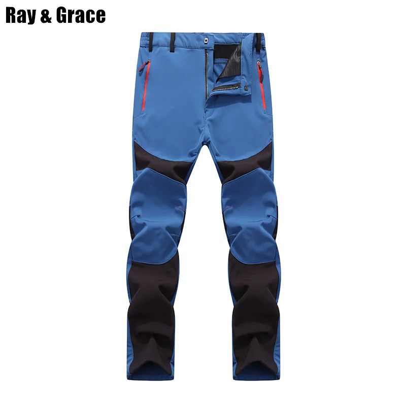 Blue RAY GRACE, зимние толстые походные брюки для мужчин, уличные треккинговые горные альпинистские спортивные брюки, мягкая оболочка, термо флисовые брюки - Цвет: Blue