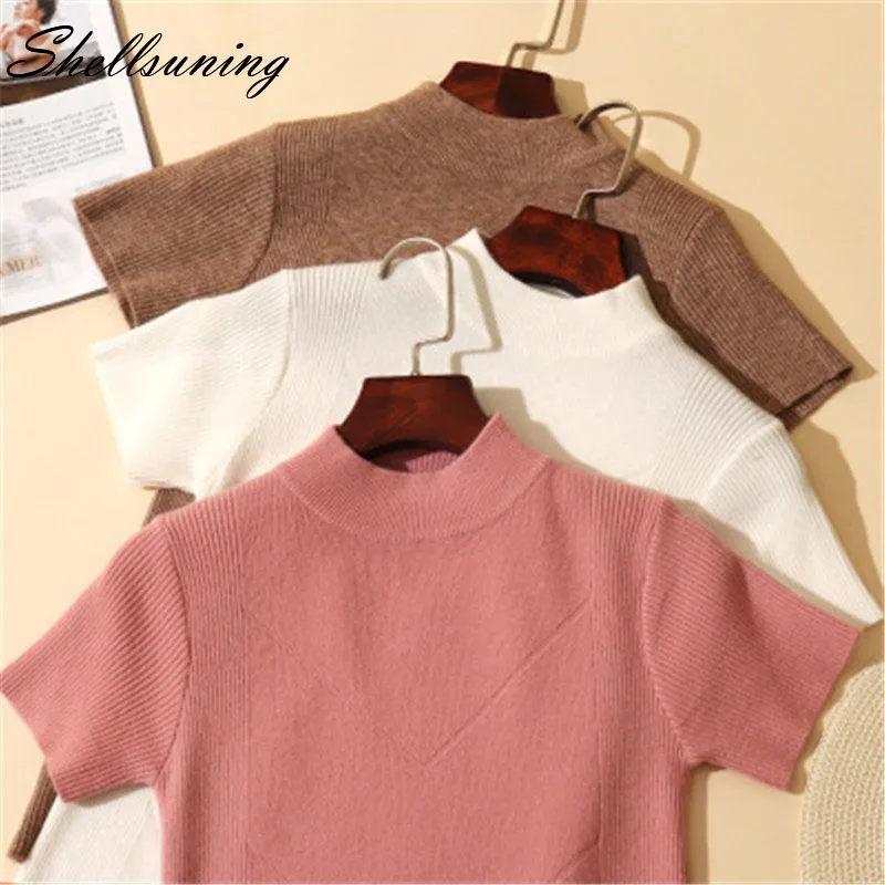 Shellsuning весенние однотонные трикотажные футболки для женщин 2019 осень водолазка