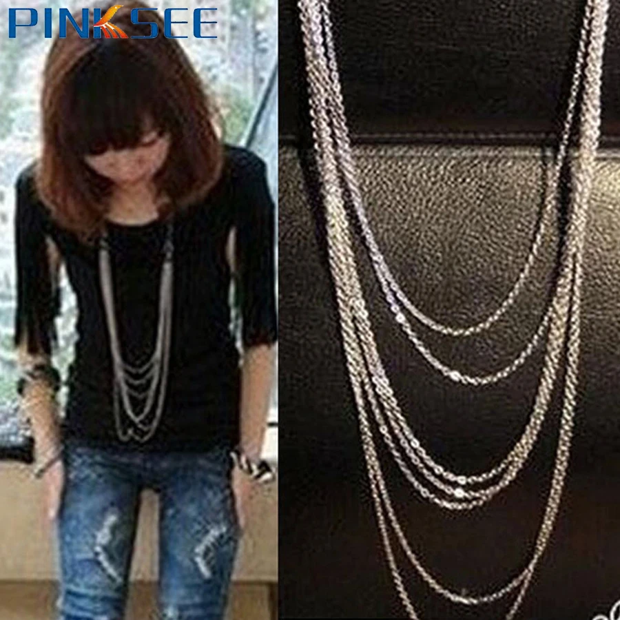 Retro Punk Multilayer Long Chain Necklace for Women Lady Multi Layers Silver Color Tassel Necklaces Sweater Maxi Jewlery | Украшения и