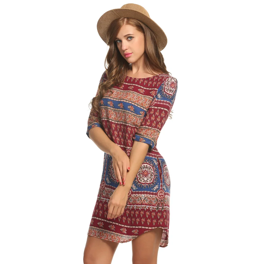 Meaneor Boho Платье женское летнее Открытое платье с принтом Мини Длина О-образным