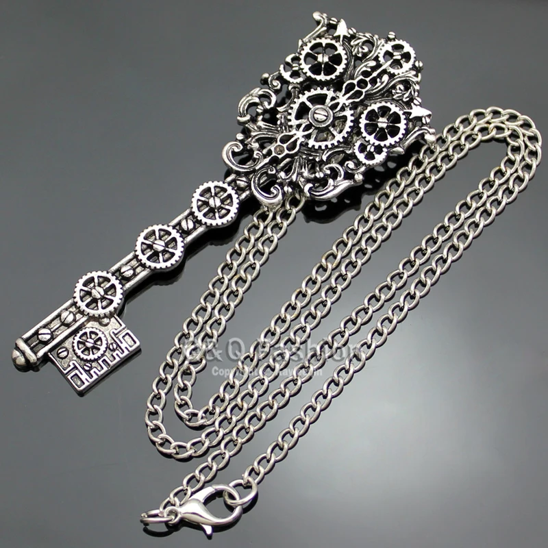 Vintage Silver Plated Victorian Filigree Skeleton Key Watch Clock Gear Cog Steampunk Chain Necklace Jewelry | Украшения и