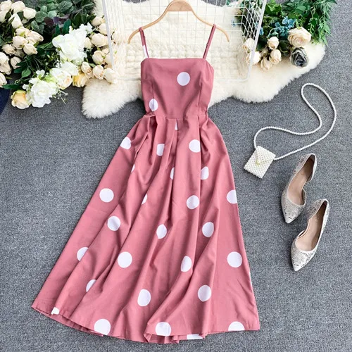 Розовый Boho 1950s винтажное Летнее Длинное платье миди в горошек с тонкими бретельками, женское богемное повседневное Ретро пляжное праздничное платье - Цвет: Розовый