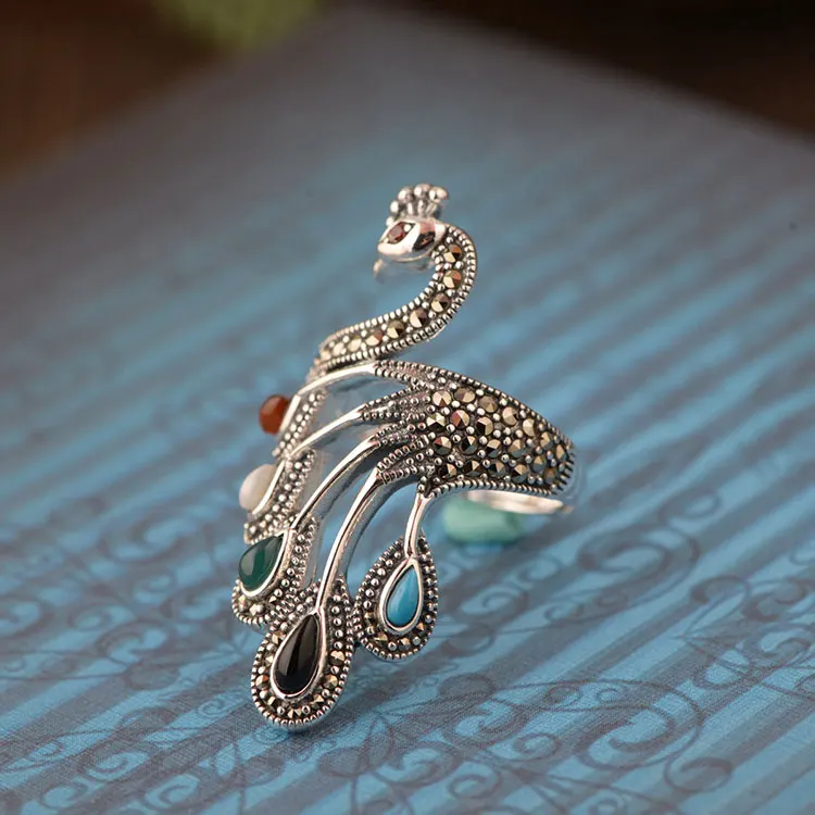 colorful ring C FNJ 925 Серебряное кольцо с павлином, тон, S925 Стерлинговое тайское серебро, кольца для женщин и мужчин, ювелирное изделие, регулируемый размер - Цвет основного камня: colorful ring C