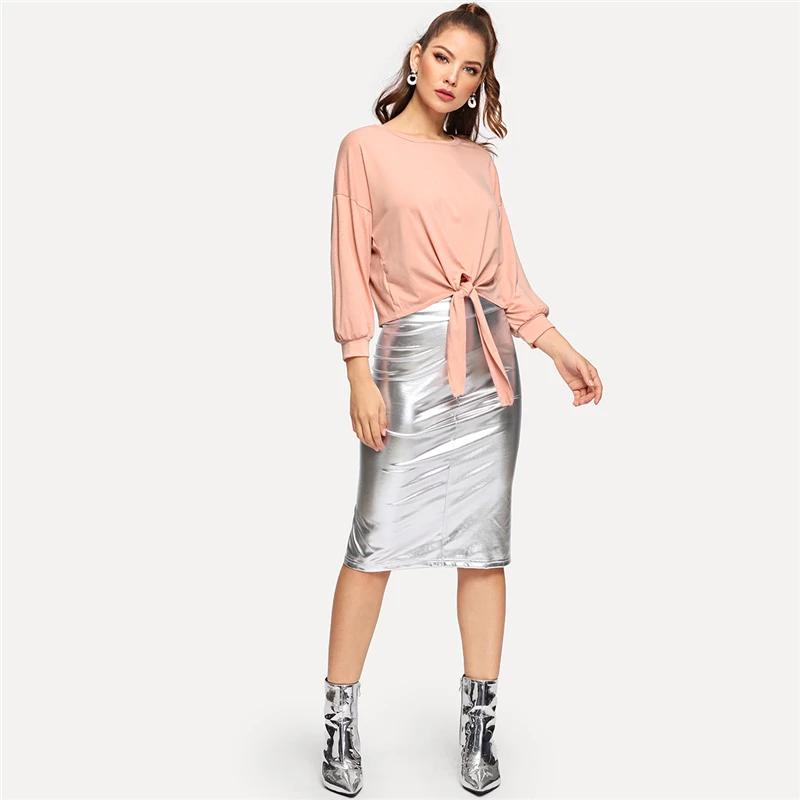 Dotfashion, розовая футболка с заниженным плечом и узлом на подоле, женская футболка с длинным рукавом, осень, новая модная одежда, топ, Повседневная укороченная футболка