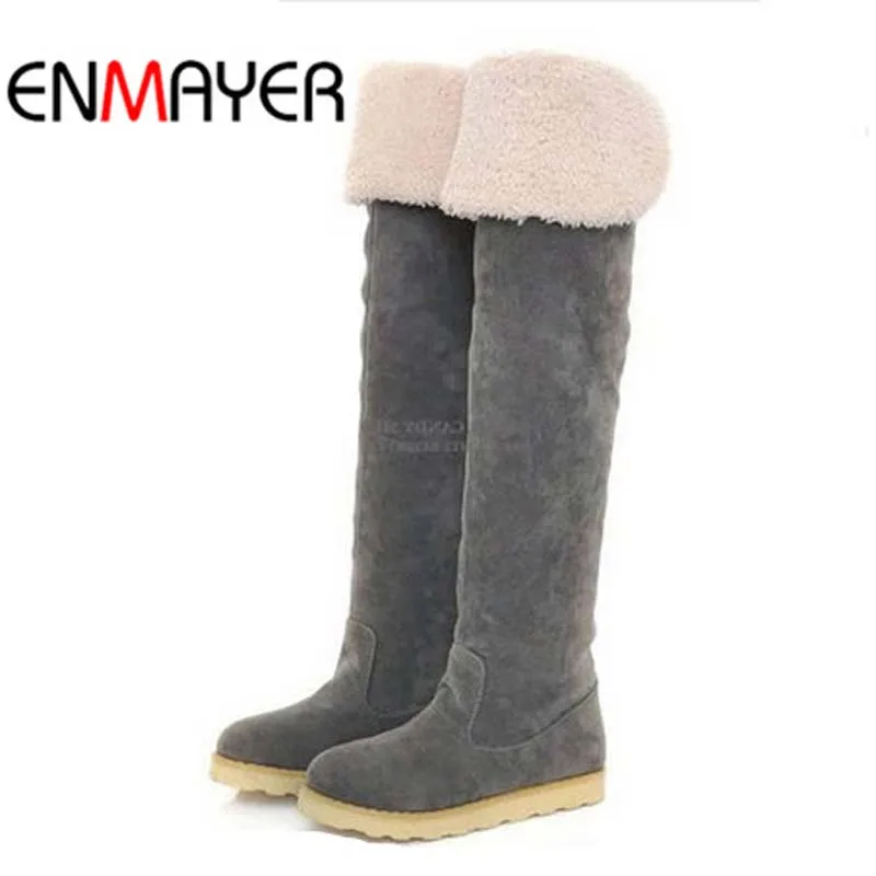 

ENMAYER Over-the-Knee Boots For Women Big Size34-43 Flock Round Toe Winter Nubuck Leather Long Boots Women New Flats Motorcycle