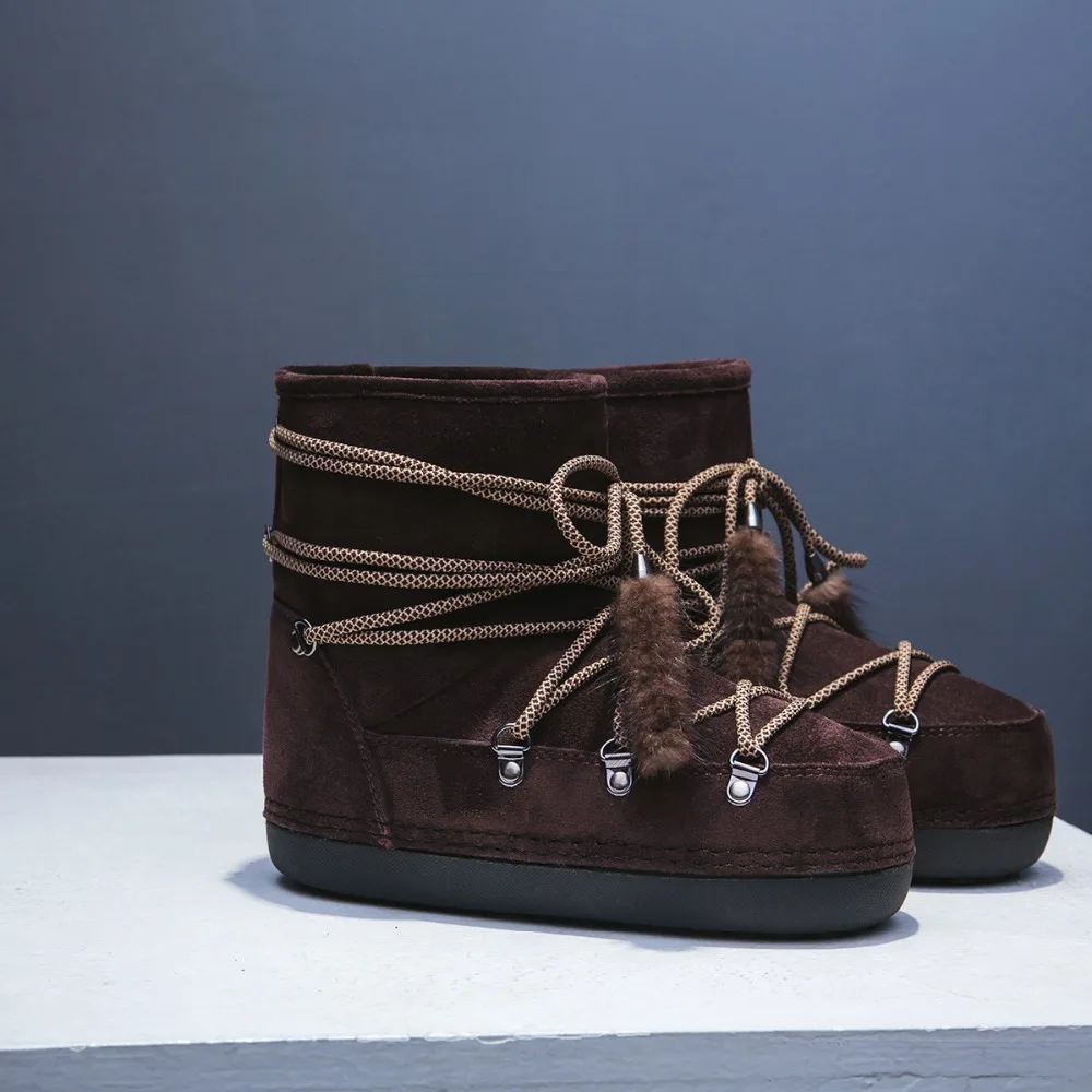 Hiver Bottines Femme/фирменный дизайн коричневый цвет на шнуровке Шерсть женские зимние