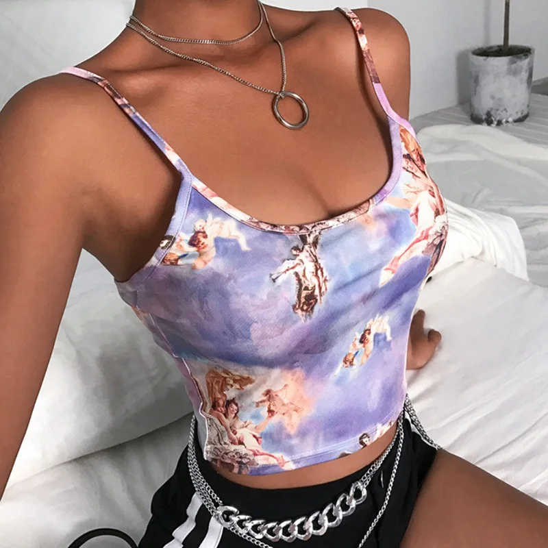 Лаванда Сексуальный тонкий летний топ на бретельках с принтом ангела Женская Сексуальная уличная короткая укороченная топ с бюстгальтером для пупка - Цвет: Лаванда