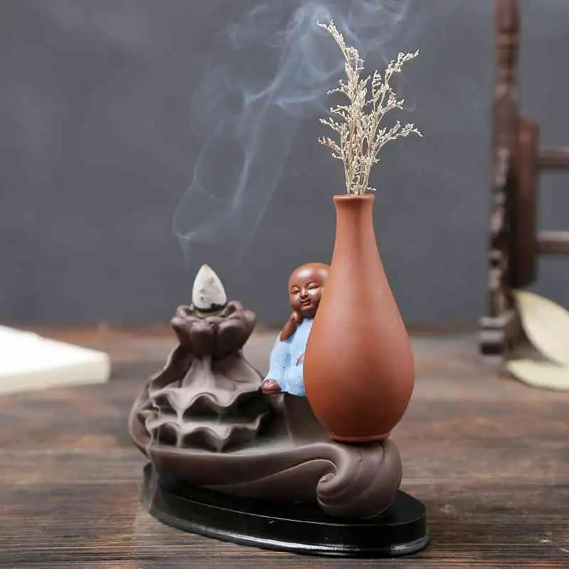 

Backflow Incense Burner Ceramic Little Monk Stick Incense Holder creative Home Decor smoke waterfall Aromatherapy Buddha Censer