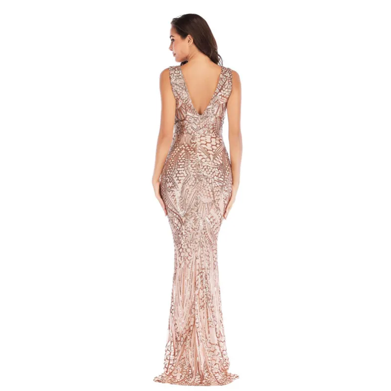 Женское платье без рукавов с блестками и глубоким v образным вырезом роскошное