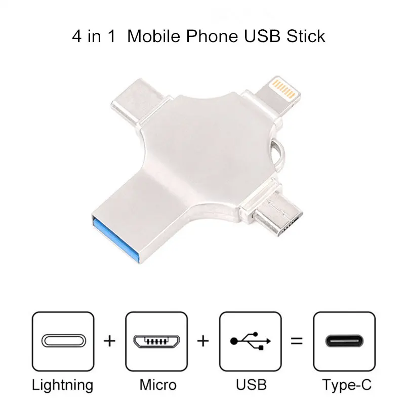 4 в 1 OTG USB флеш накопитель 32 ГБ/64 ГБ Флешка металлическая ручка 64 Гб 128 для iPhone X/8/7/6